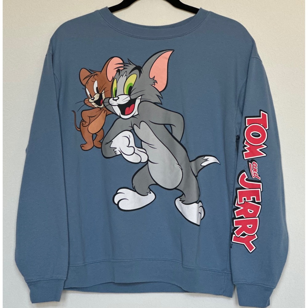 Tom and Jerry Cartoon Graphic Sweatshirt Blue Crewneck Pullover‎ Size M